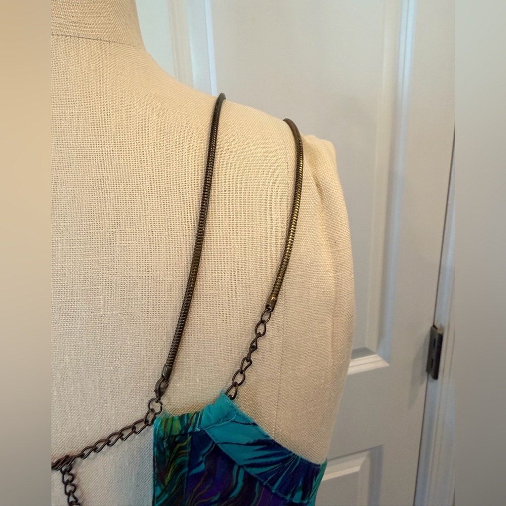 Y2K Tropical Palm Print Mini Dress Teal Chain Back Ruffle Hem Arden B XS - Picture 8 of 10